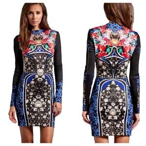 Clover Canyon Dress Royal Egg Vase Floral Neoprene Scuba Black Red Blue S